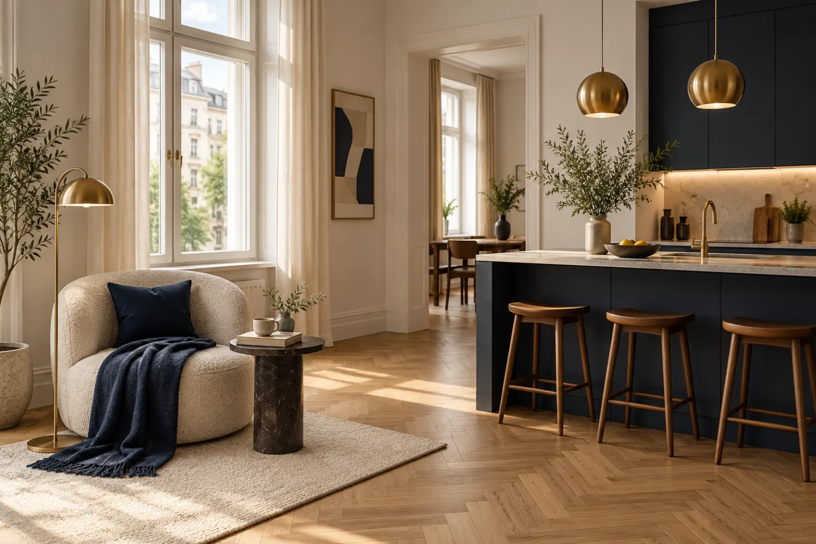 Living area with kitchen island in a Helios Berlin apartment